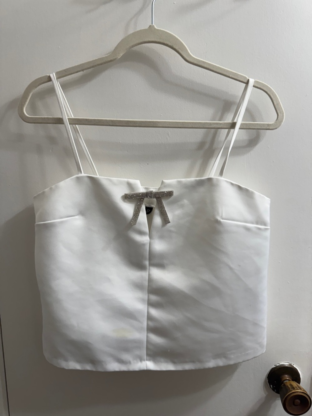 H&M White Rhinestone Bow Spaghetti Strap Crop Cami